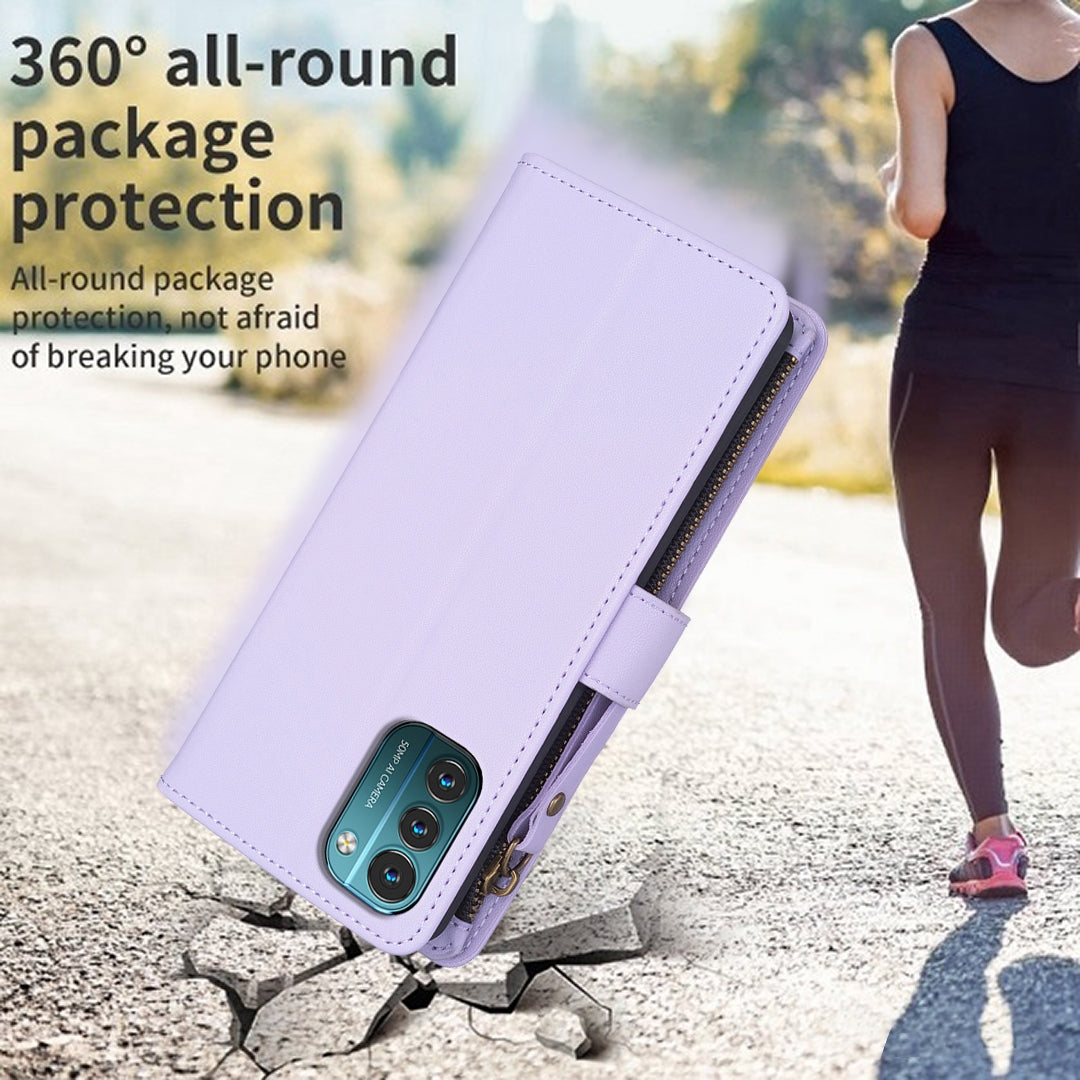 Nokia G21 Leather Flip Phone Case with Zipper Wallet and 9 Card Slots, Durable PU + TPU Material