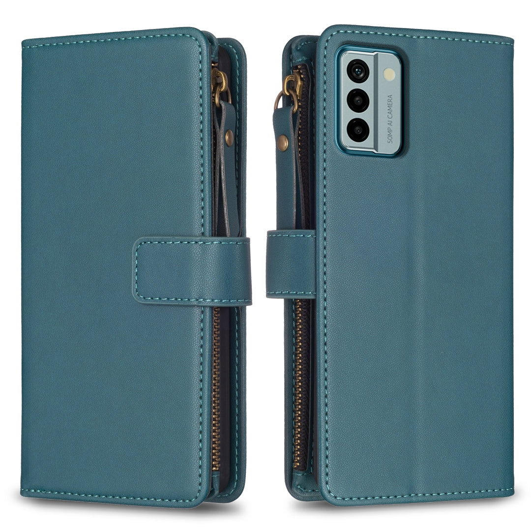 Nokia G22 Leather Flip Phone Case with Zipper Wallet and 9 Card Slots, Durable PU + TPU Material