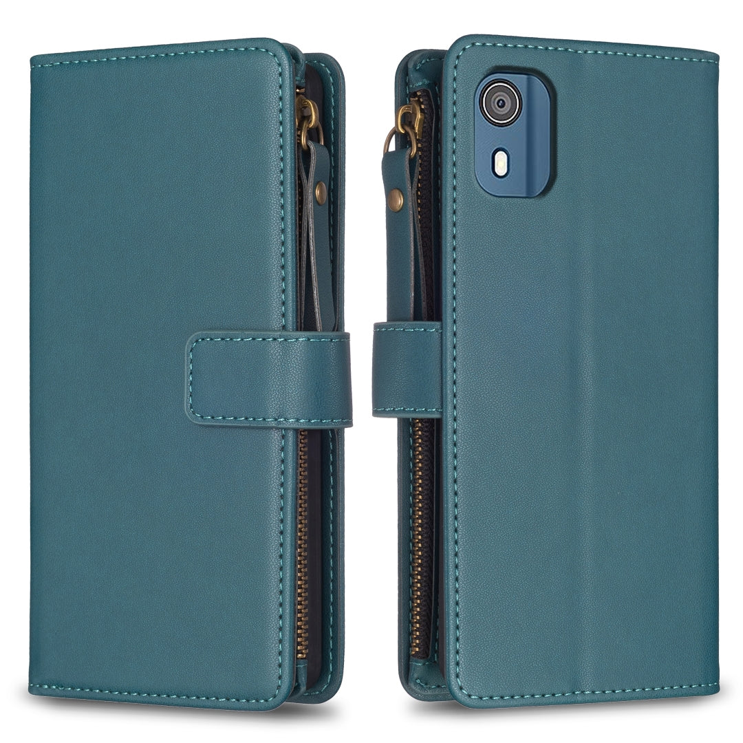 Nokia C02 Leather Flip Phone Case with Zipper Wallet and 9 Card Slots, Durable PU + TPU Material