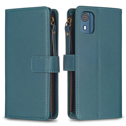 Nokia C02 Leather Flip Phone Case with Zipper Wallet and 9 Card Slots, Durable PU + TPU Material