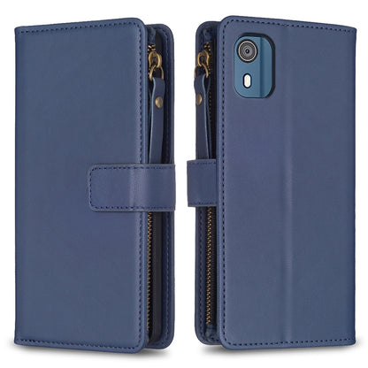 Nokia C02 Leather Flip Phone Case with Zipper Wallet and 9 Card Slots, Durable PU + TPU Material