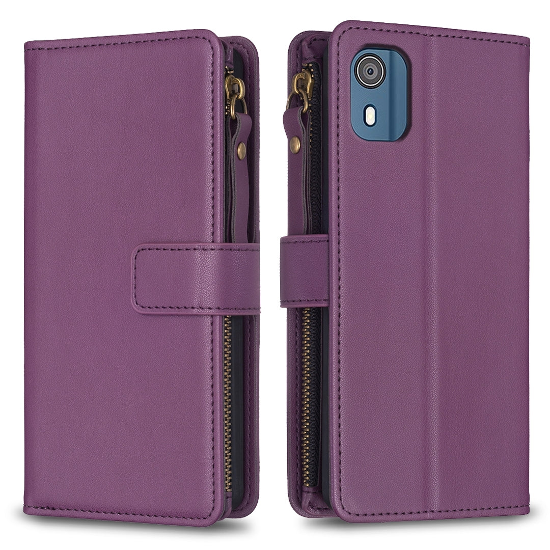 Nokia C02 Leather Flip Phone Case with Zipper Wallet and 9 Card Slots, Durable PU + TPU Material