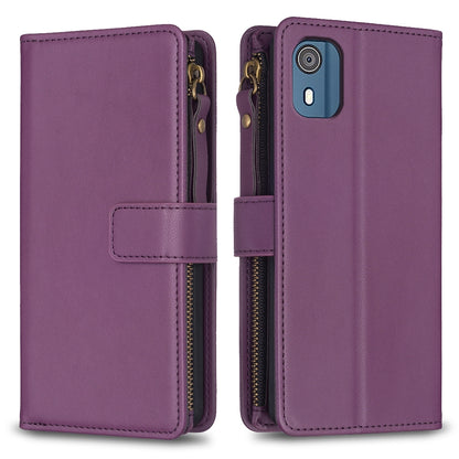 Nokia C02 Leather Flip Phone Case with Zipper Wallet and 9 Card Slots, Durable PU + TPU Material