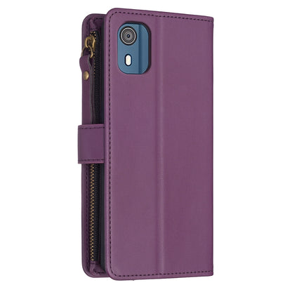 Nokia C02 Leather Flip Phone Case with Zipper Wallet and 9 Card Slots, Durable PU + TPU Material