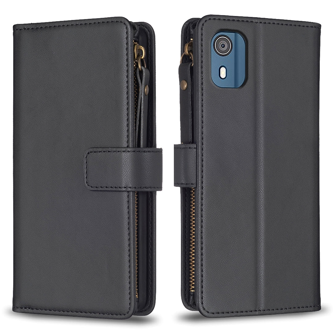 Nokia C02 Leather Flip Phone Case with Zipper Wallet and 9 Card Slots, Durable PU + TPU Material