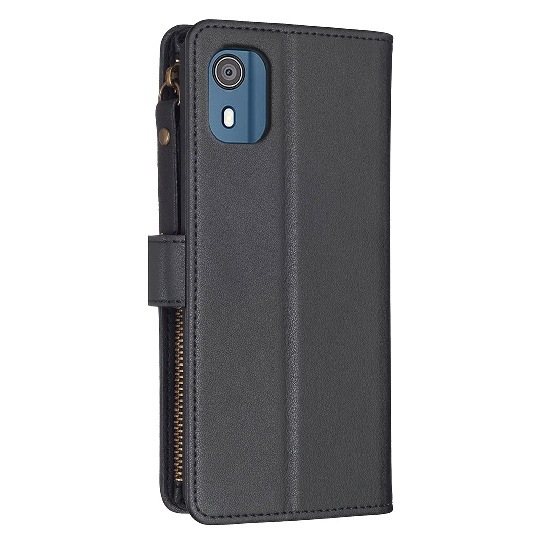Nokia C02 Leather Flip Phone Case with Zipper Wallet and 9 Card Slots, Durable PU + TPU Material
