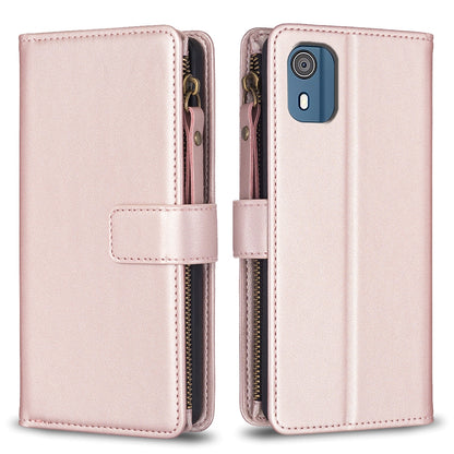 Nokia C02 Leather Flip Phone Case with Zipper Wallet and 9 Card Slots, Durable PU + TPU Material