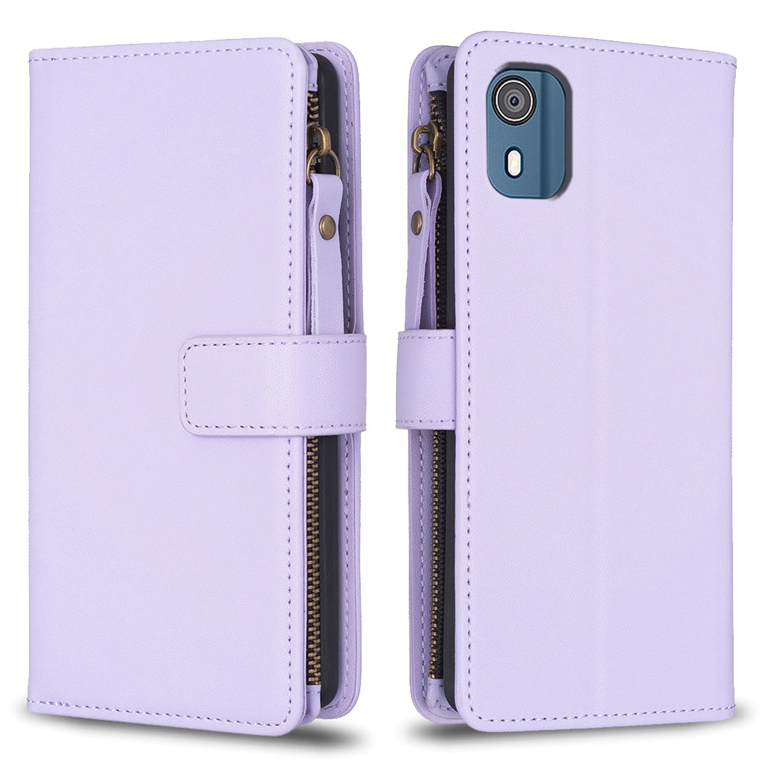 Nokia C02 Leather Flip Phone Case with Zipper Wallet and 9 Card Slots, Durable PU + TPU Material