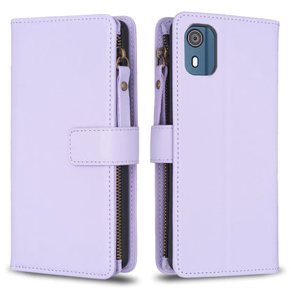 Nokia C02 Leather Flip Phone Case with Zipper Wallet and 9 Card Slots, Durable PU + TPU Material