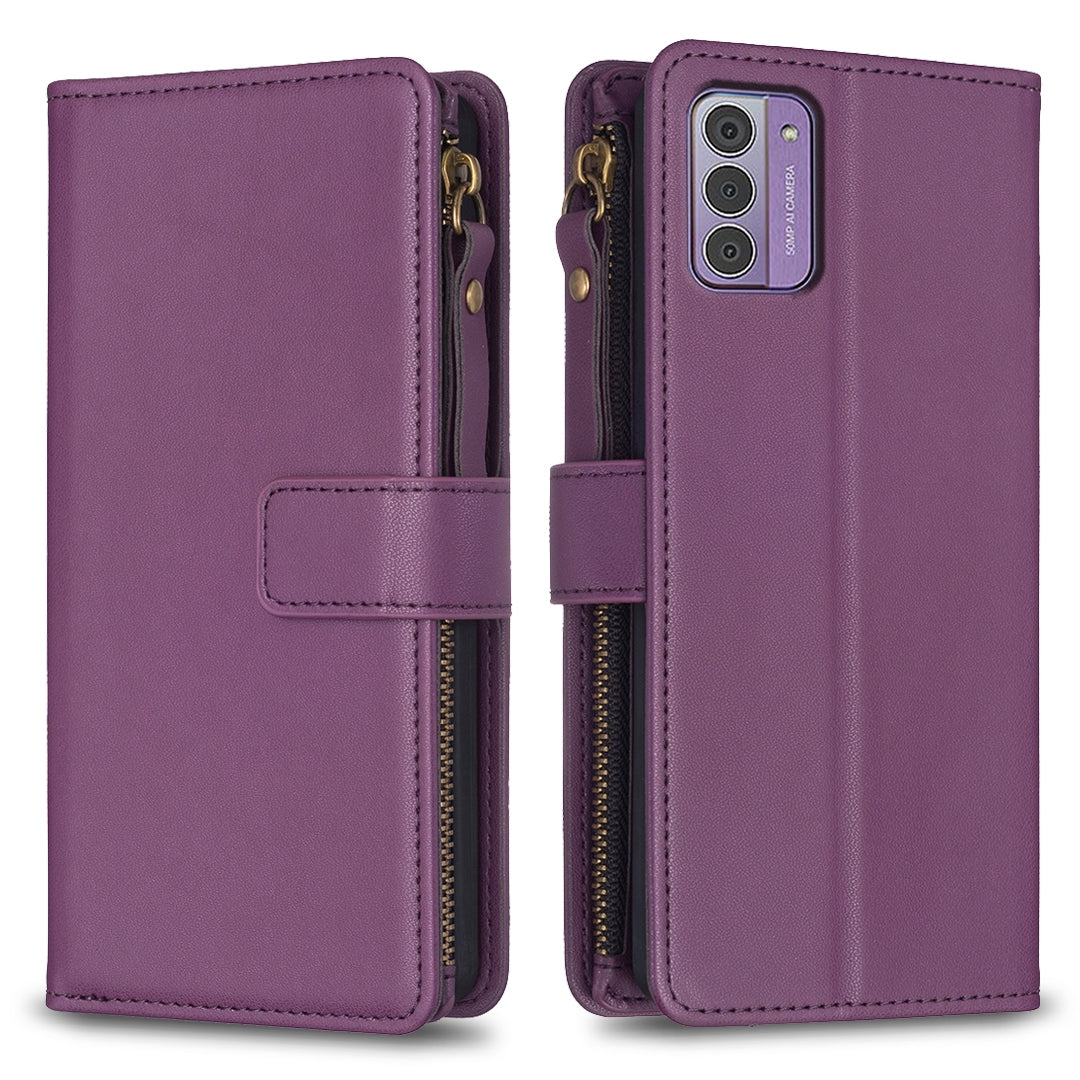 Nokia G42 Leather Flip Phone Case with Zipper Wallet and 9 Card Slots, Durable PU + TPU Material