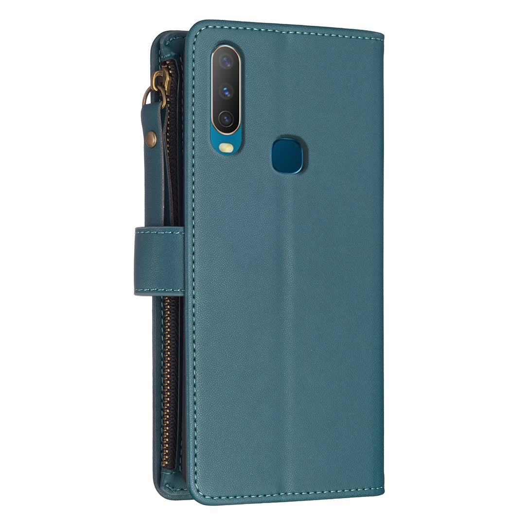 vivo Y11 Leather Flip Phone Case with Zipper Wallet and 9 Card Slots, Durable PU + TPU Material