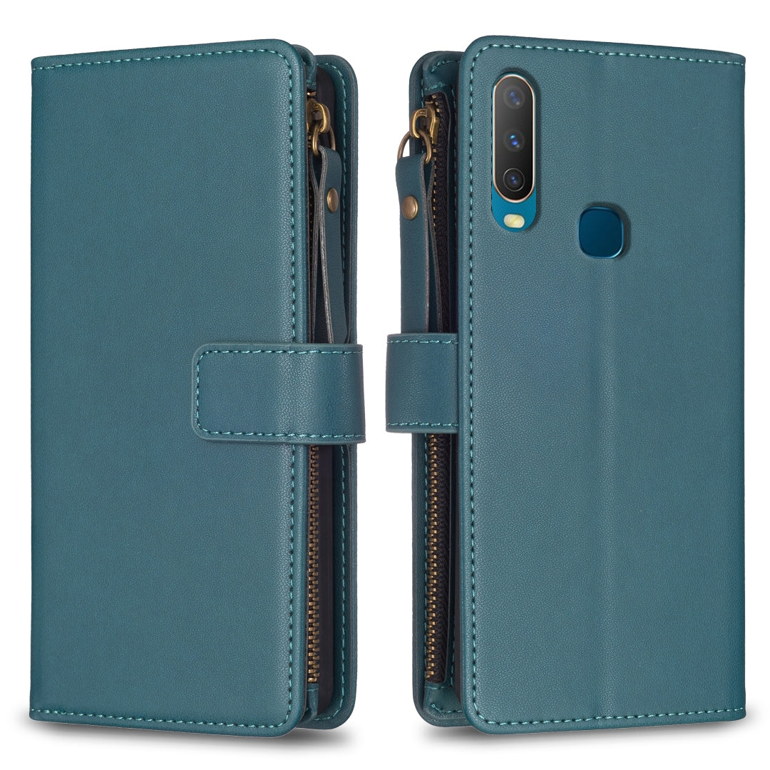 vivo Y12 Leather Flip Phone Case with Zipper Wallet and 9 Card Slots, Durable PU + TPU Material