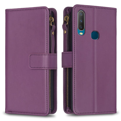 vivo Y11 Leather Flip Phone Case with Zipper Wallet and 9 Card Slots, Durable PU + TPU Material