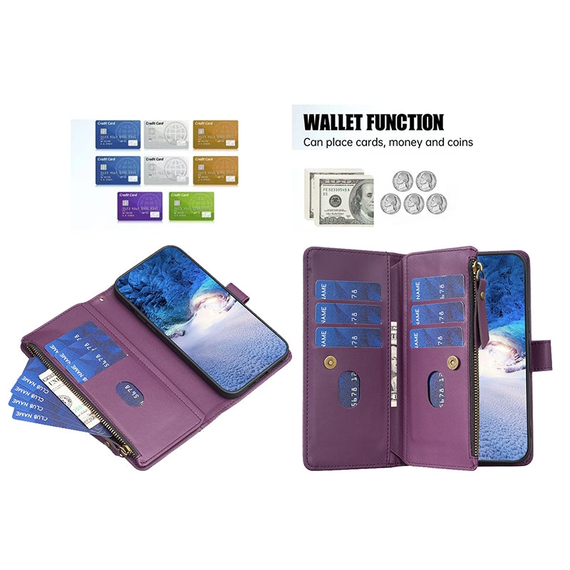 vivo Y11 Leather Flip Phone Case with Zipper Wallet and 9 Card Slots, Durable PU + TPU Material