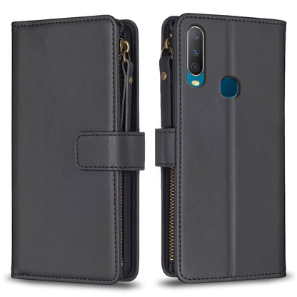 vivo Y11 Leather Flip Phone Case with Zipper Wallet and 9 Card Slots, Durable PU + TPU Material