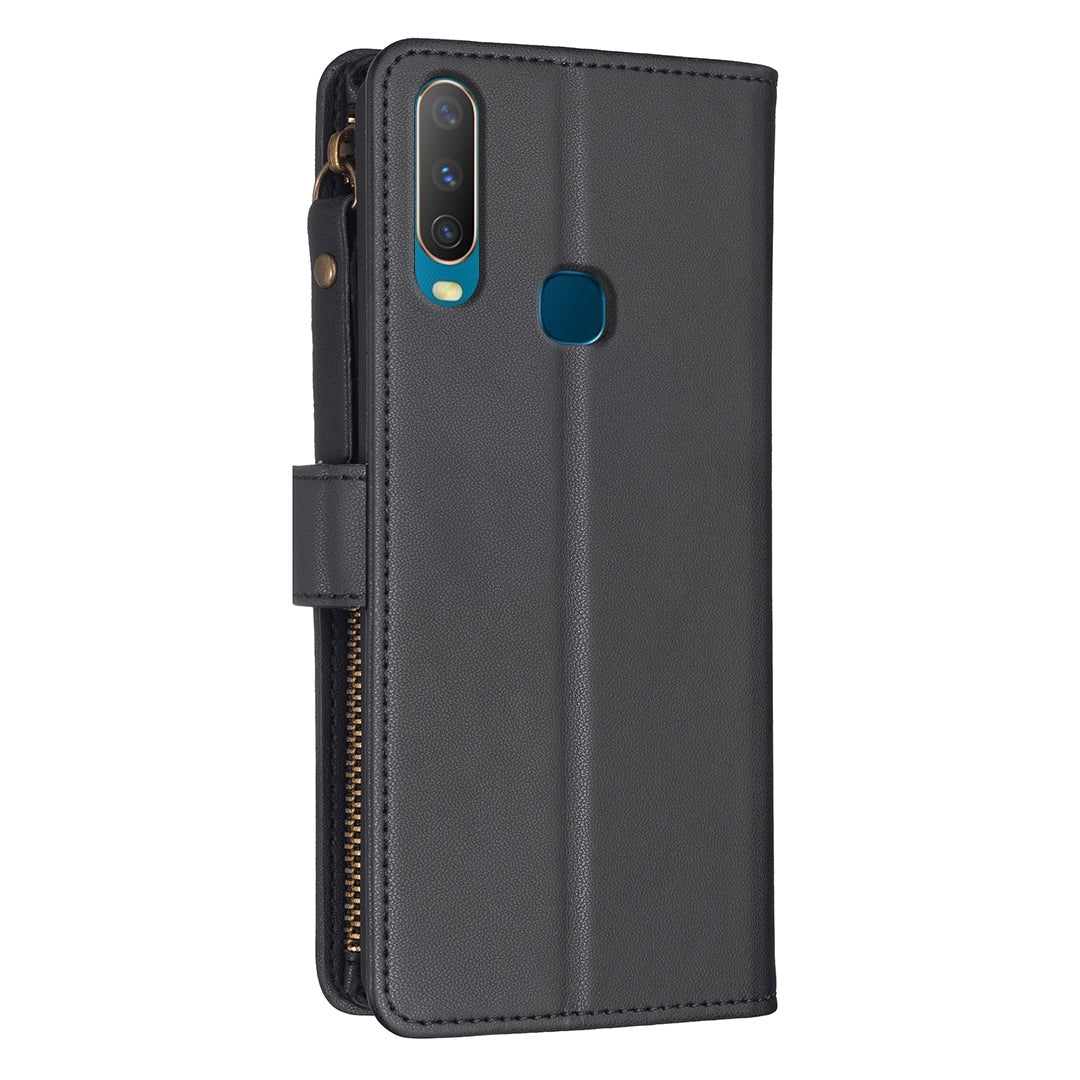 vivo Y15 Leather Flip Phone Case with Zipper Wallet and 9 Card Slots, Durable PU + TPU Material