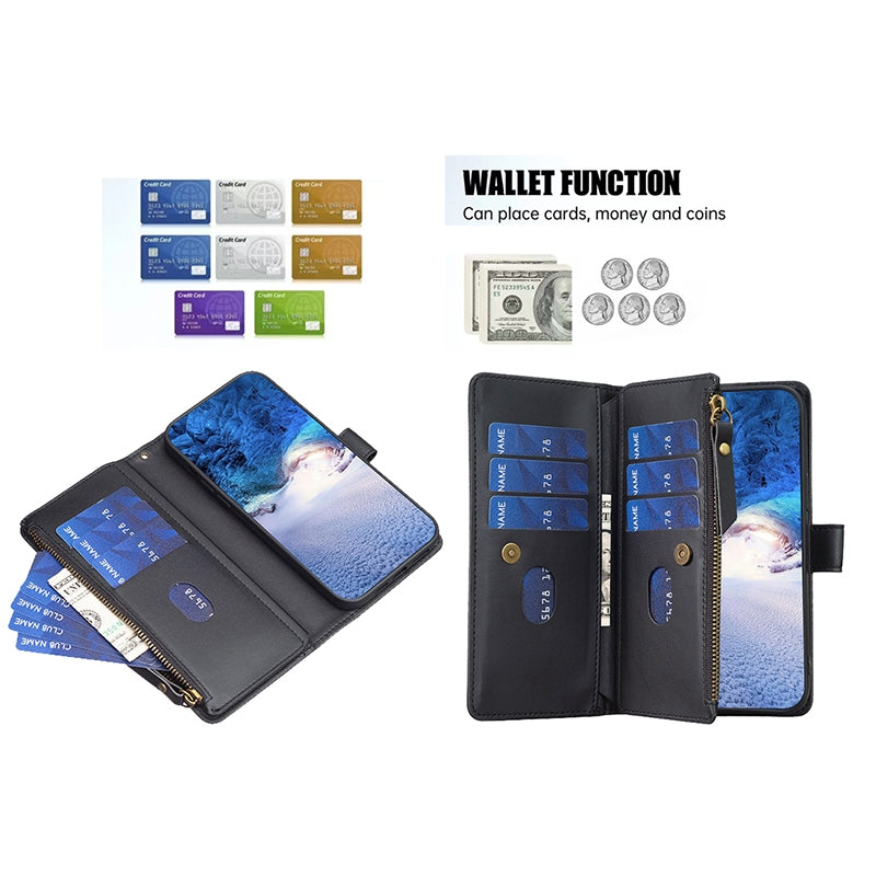 vivo Y15 Leather Flip Phone Case with Zipper Wallet and 9 Card Slots, Durable PU + TPU Material