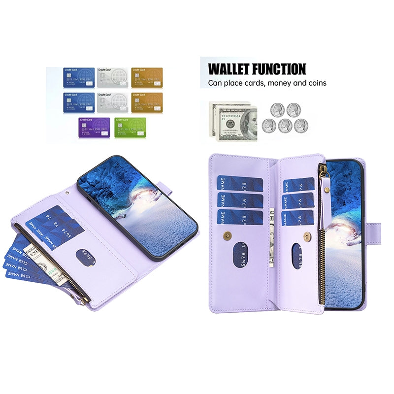 vivo Y11 Leather Flip Phone Case with Zipper Wallet and 9 Card Slots, Durable PU + TPU Material