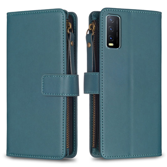 For vivo Y20 Leather Flip Phone Case with Zipper Wallet and 9 Card Slots, Durable PU + TPU Material