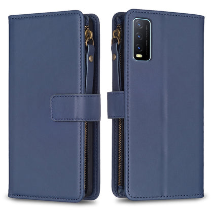 For vivo Y20 Leather Flip Phone Case with Zipper Wallet and 9 Card Slots, Durable PU + TPU Material