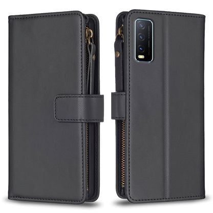For vivo Y20 Leather Flip Phone Case with Zipper Wallet and 9 Card Slots, Durable PU + TPU Material