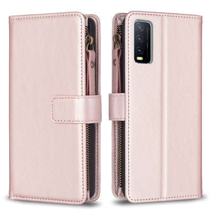 For vivo Y20 Leather Flip Phone Case with Zipper Wallet and 9 Card Slots, Durable PU + TPU Material