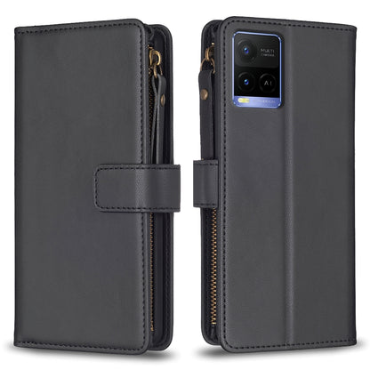 vivo Y21 Leather Flip Phone Case with Zipper Wallet and 9 Card Slots, Durable PU + TPU Material