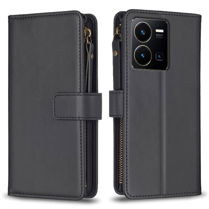 vivo Y35 4G Leather Flip Phone Case with Zipper Wallet and 9 Card Slots, Durable PU + TPU Material