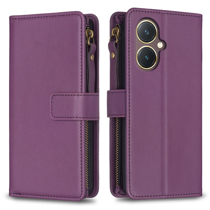 vivo Y27 4G Leather Flip Phone Case with Zipper Wallet and 9 Card Slots, Durable PU + TPU Material