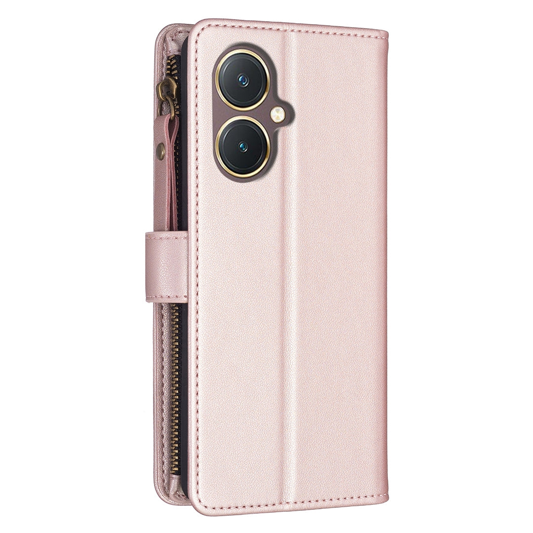 vivo Y27 4G Leather Flip Phone Case with Zipper Wallet and 9 Card Slots, Durable PU + TPU Material