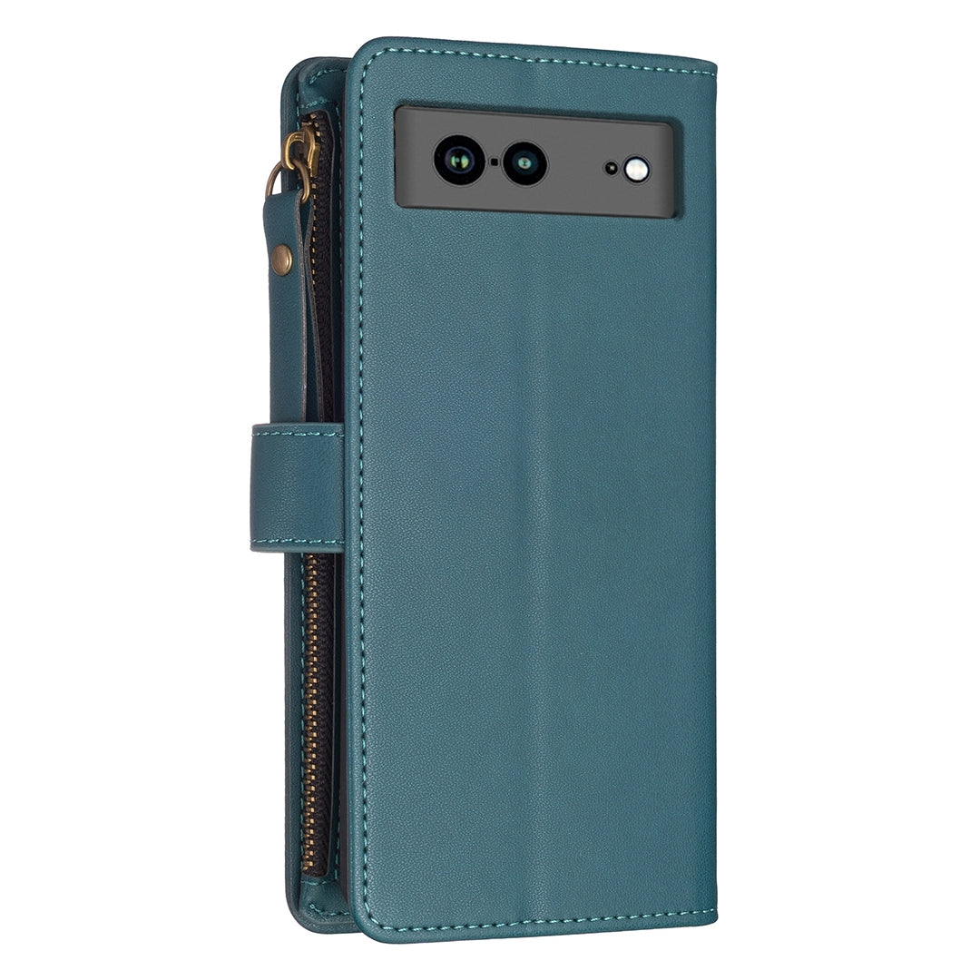 Google Pixel 7a Leather Flip Phone Case with Zipper Wallet and 9 Card Slots, Durable PU + TPU Material