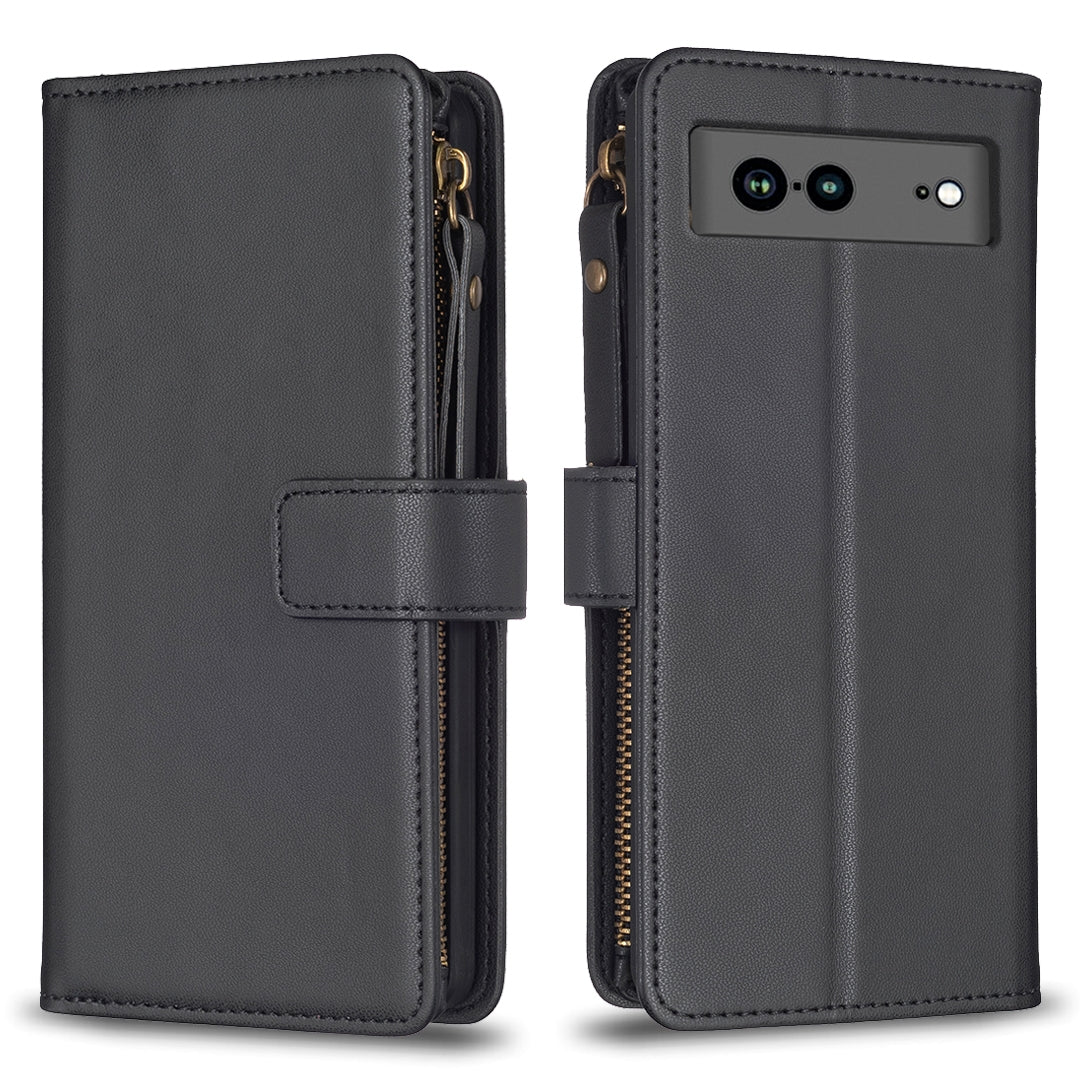 Google Pixel 7a Leather Flip Phone Case with Zipper Wallet and 9 Card Slots, Durable PU + TPU Material