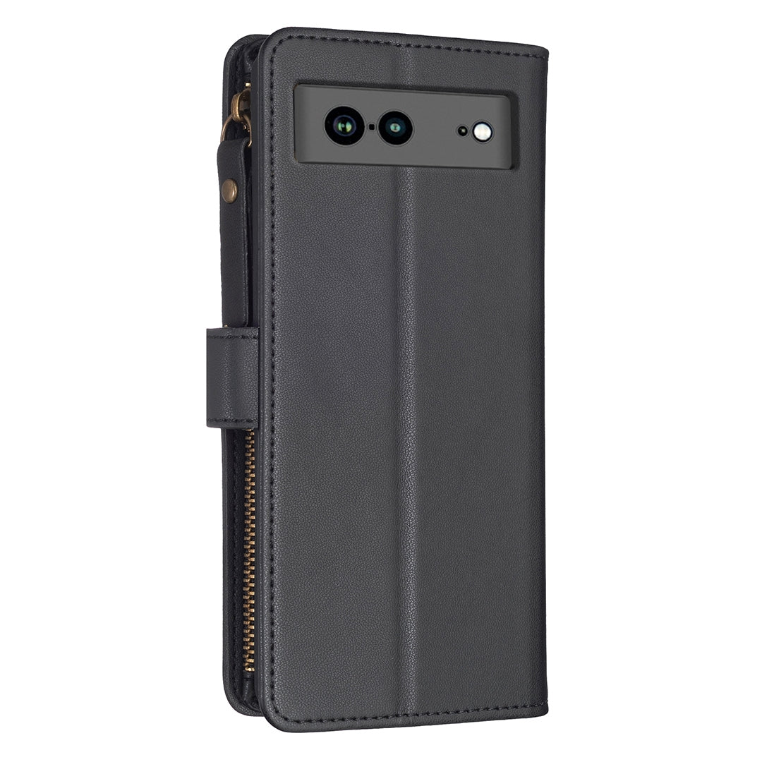 Google Pixel 7a Leather Flip Phone Case with Zipper Wallet and 9 Card Slots, Durable PU + TPU Material