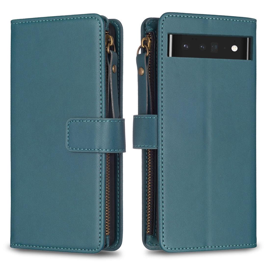 Google Pixel 7 Pro Leather Flip Phone Case with Zipper Wallet and 9 Card Slots, Durable PU + TPU Material