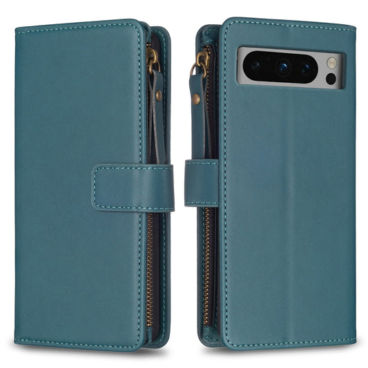 Google Pixel 8 Pro Leather Flip Phone Case with Zipper Wallet and 9 Card Slots, Durable PU + TPU Material