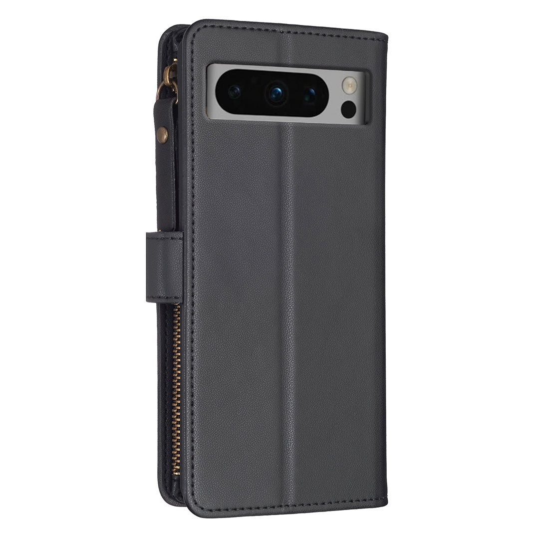 Google Pixel 8 Pro Leather Flip Phone Case with Zipper Wallet and 9 Card Slots, Durable PU + TPU Material