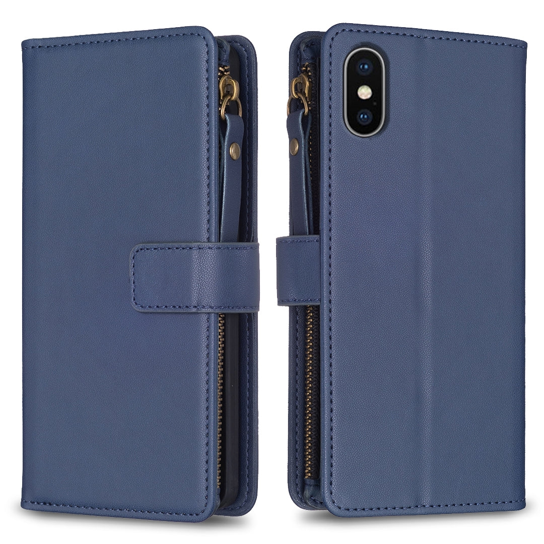 iPhone X Leather Flip Phone Case with Zipper Wallet and 9 Card Slots, Durable PU + TPU Material