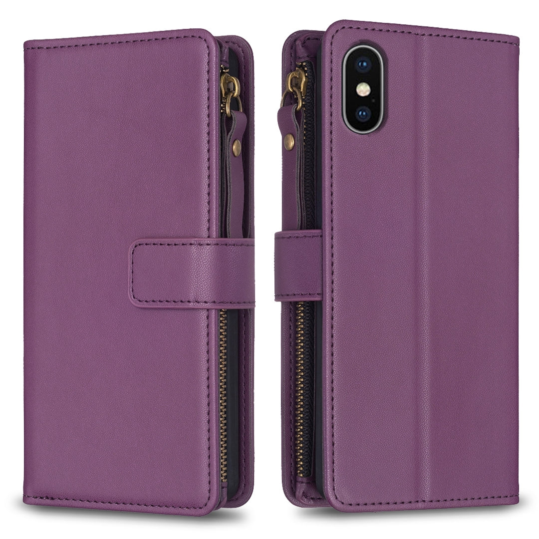 iPhone XS Leather Flip Phone Case with Zipper Wallet and 9 Card Slots, Durable PU + TPU Material