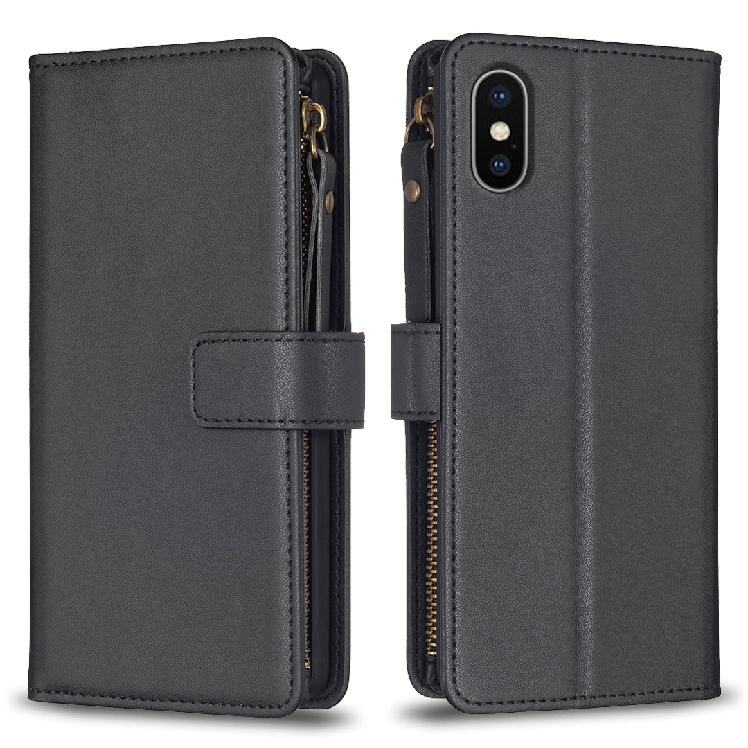 iPhone X Leather Flip Phone Case with Zipper Wallet and 9 Card Slots, Durable PU + TPU Material