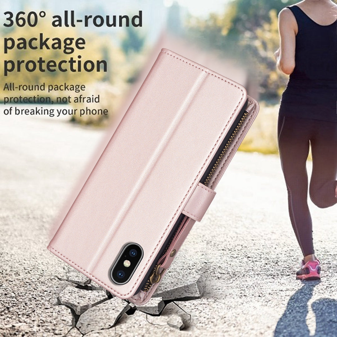 iPhone XS Leather Flip Phone Case with Zipper Wallet and 9 Card Slots, Durable PU + TPU Material