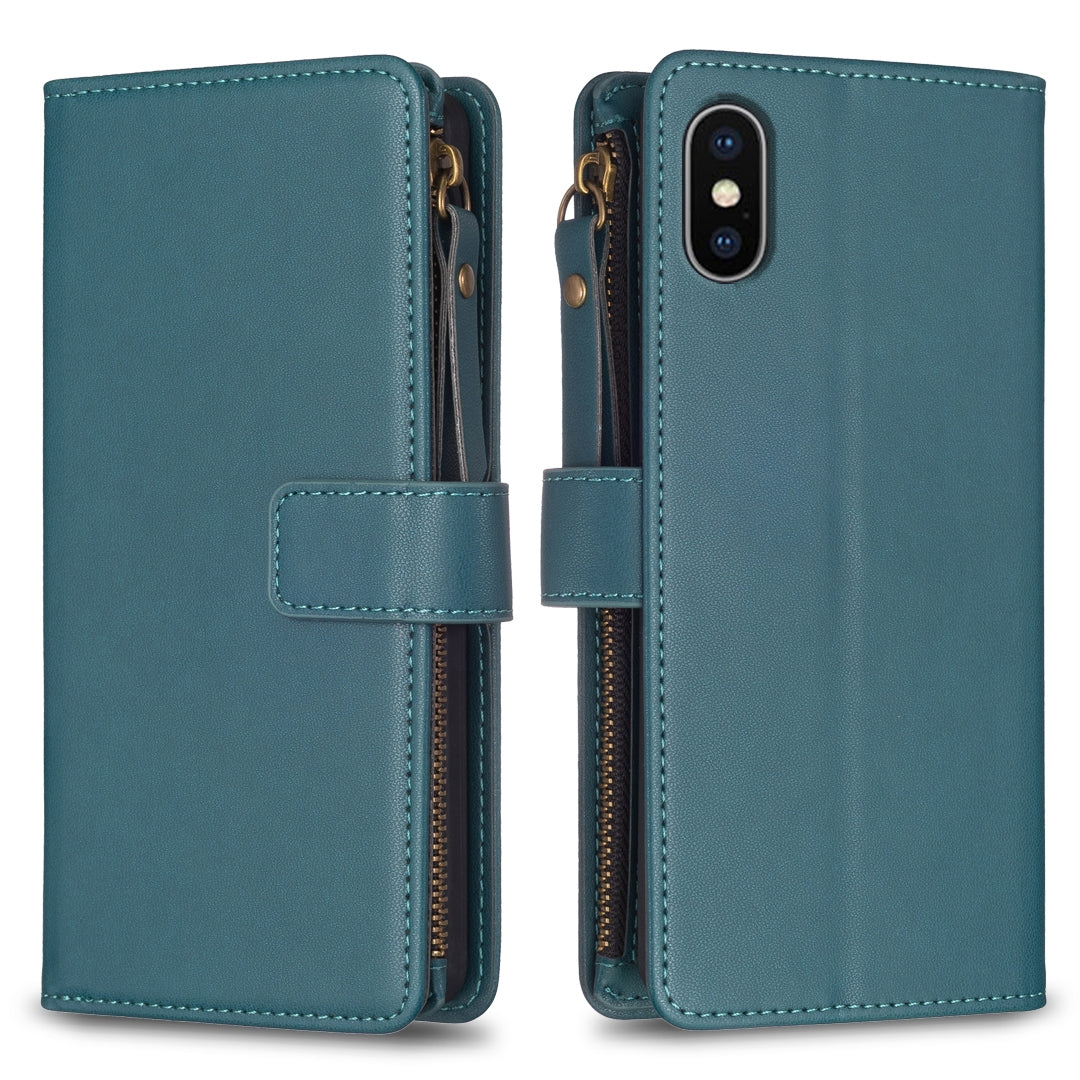 iPhone XS Max Leather Flip Phone Case with Zipper Wallet and 9 Card Slots, Durable PU + TPU Material