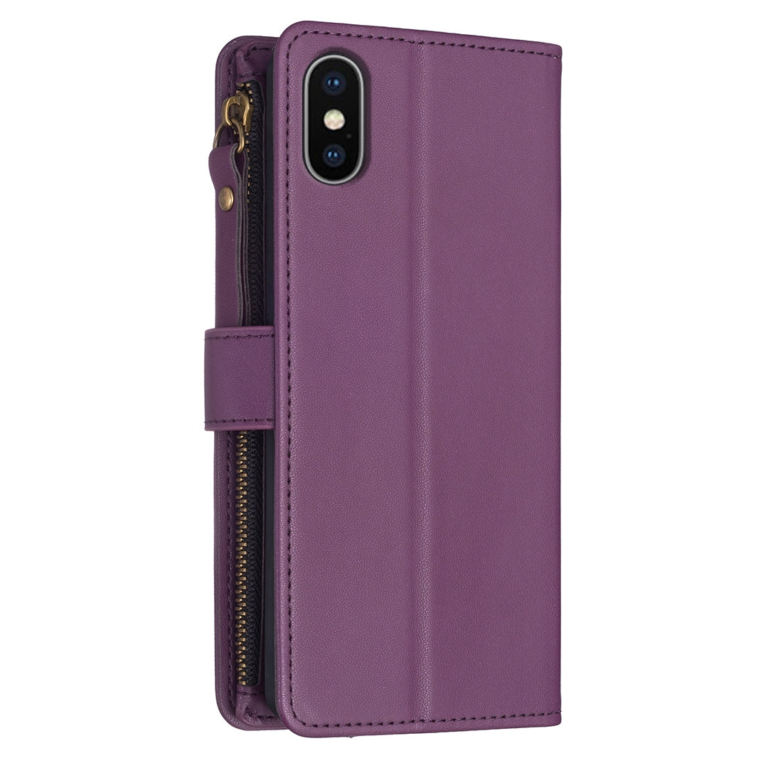 iPhone XS Max Leather Flip Phone Case with Zipper Wallet and 9 Card Slots, Durable PU + TPU Material