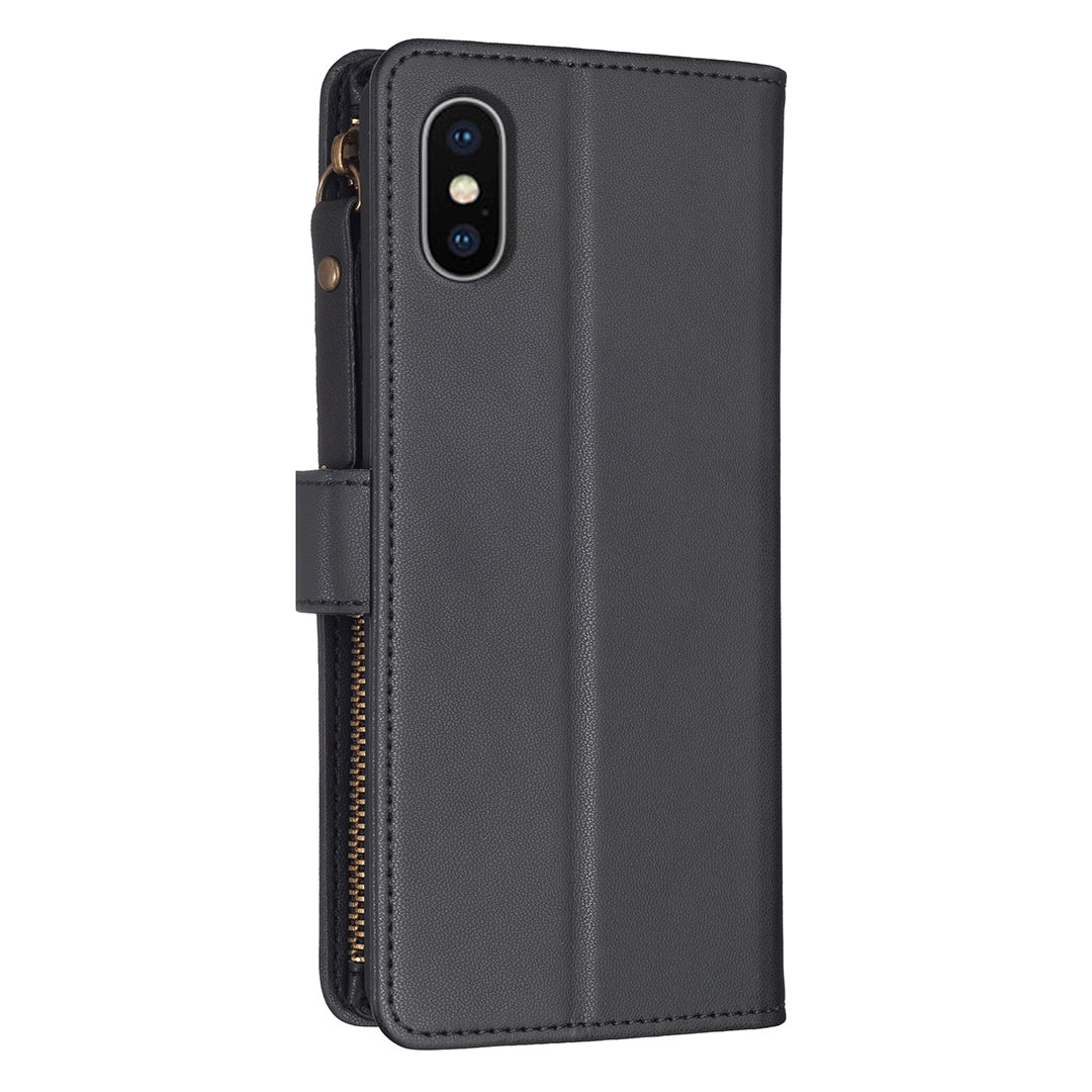 iPhone XS Max Leather Flip Phone Case with Zipper Wallet and 9 Card Slots, Durable PU + TPU Material