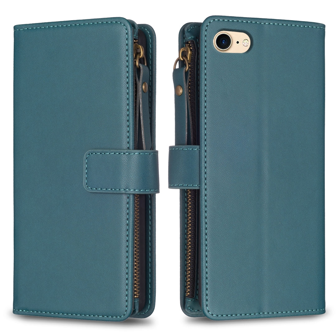 iPhone 7 Leather Flip Phone Case with Zipper Wallet and 9 Card Slots, Durable PU + TPU Material