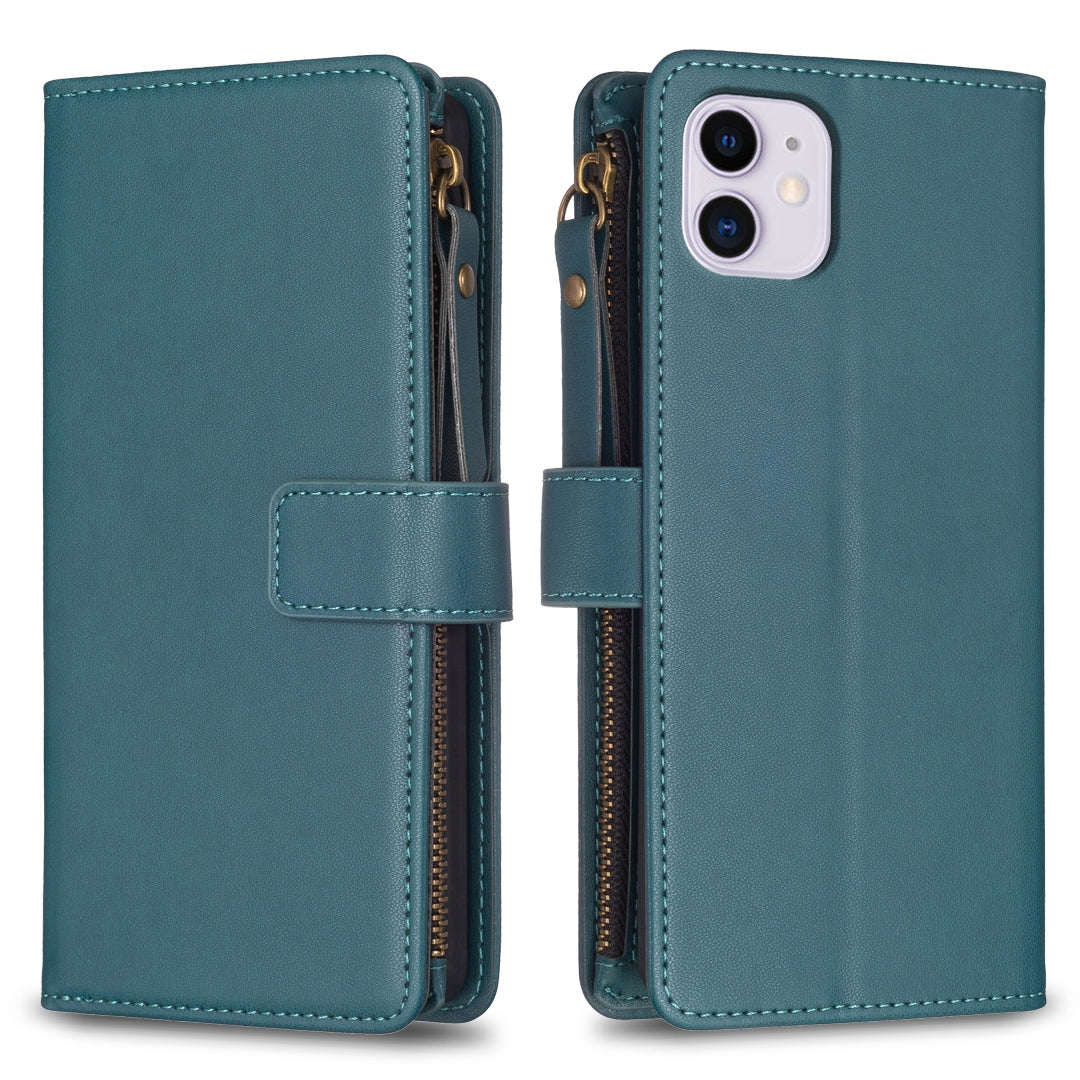 iPhone 11 Leather Flip Phone Case with Zipper Wallet and 9 Card Slots, Durable PU + TPU Material