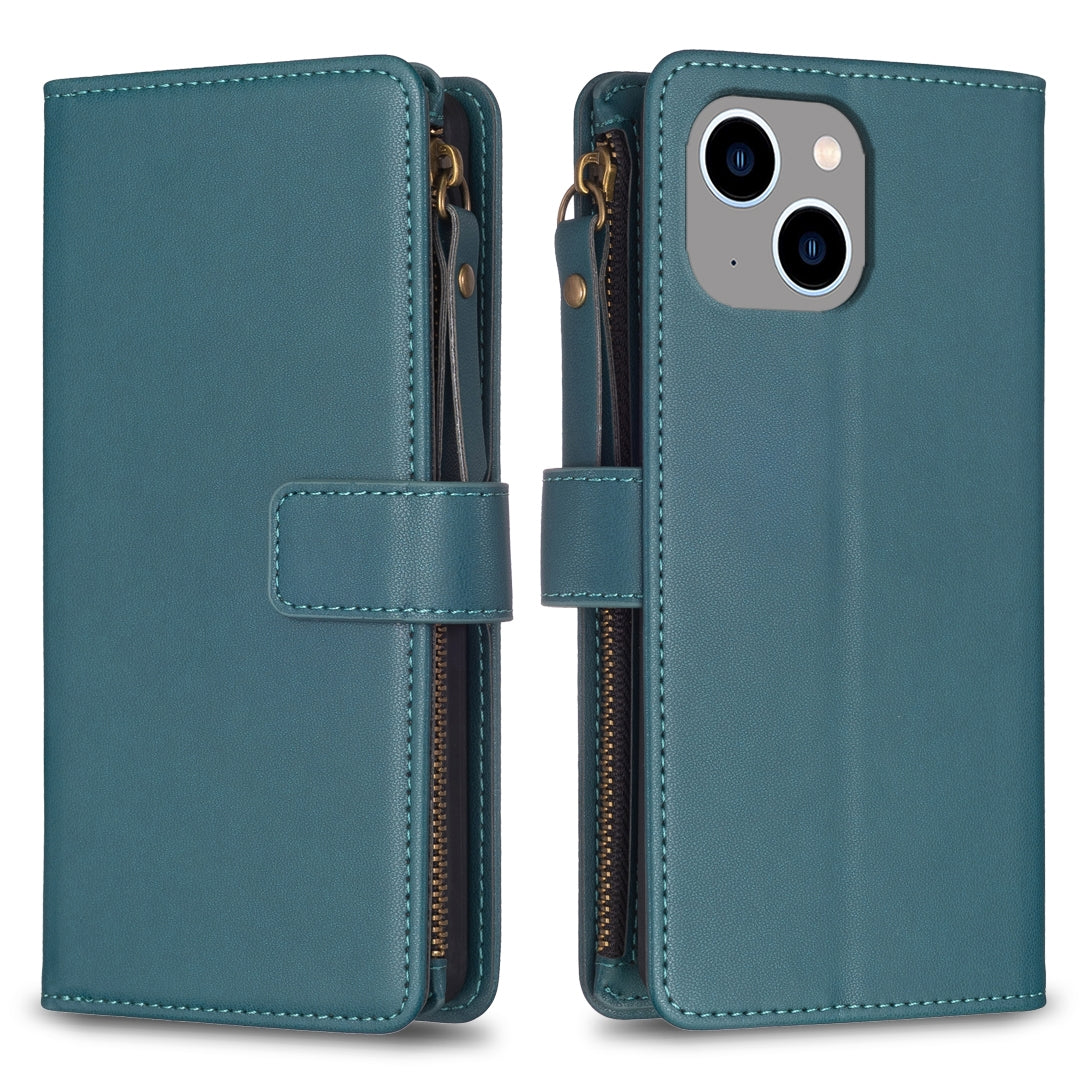 iPhone 13 Leather Flip Phone Case with Zipper Wallet and 9 Card Slots, Durable PU + TPU Material