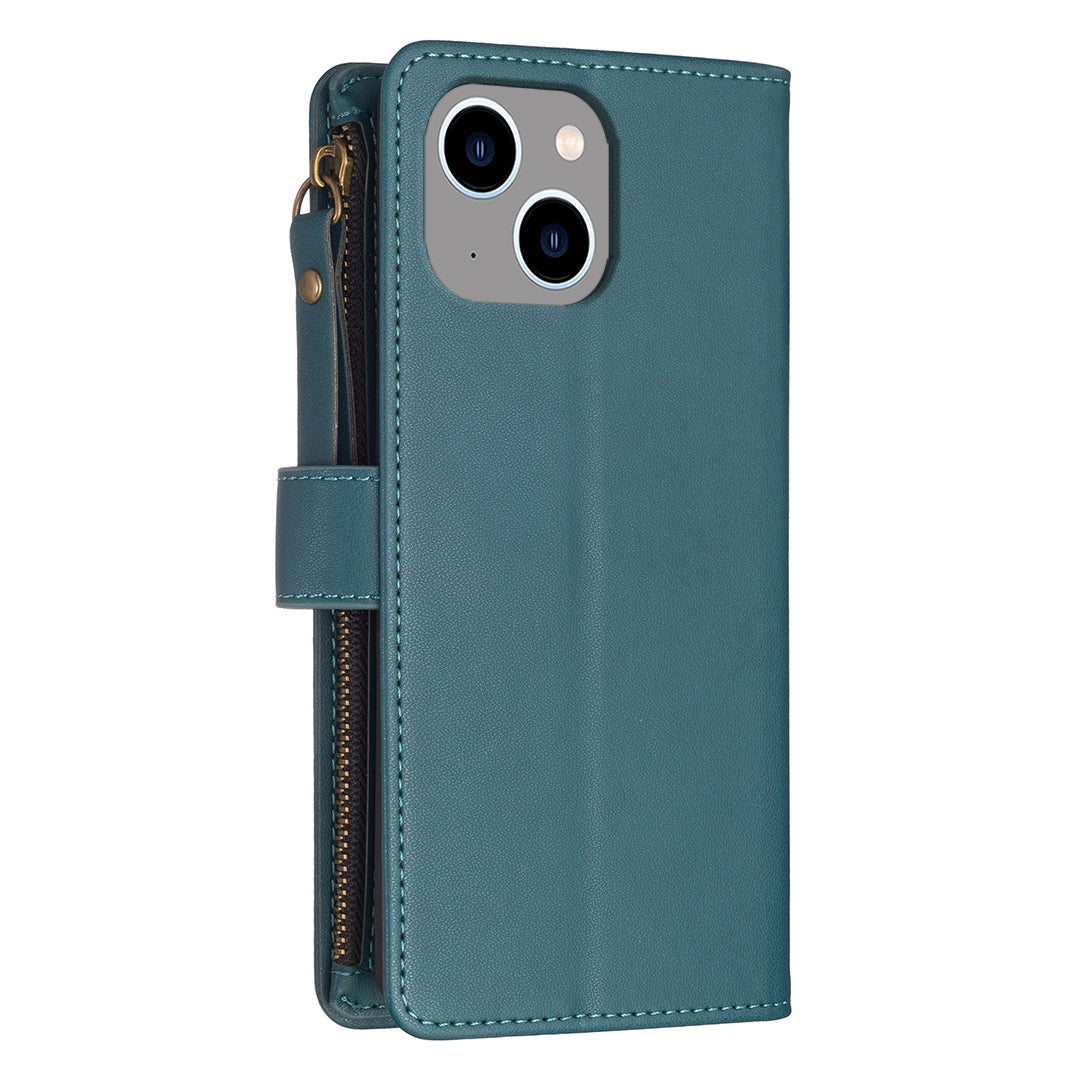 iPhone 13 Leather Flip Phone Case with Zipper Wallet and 9 Card Slots, Durable PU + TPU Material