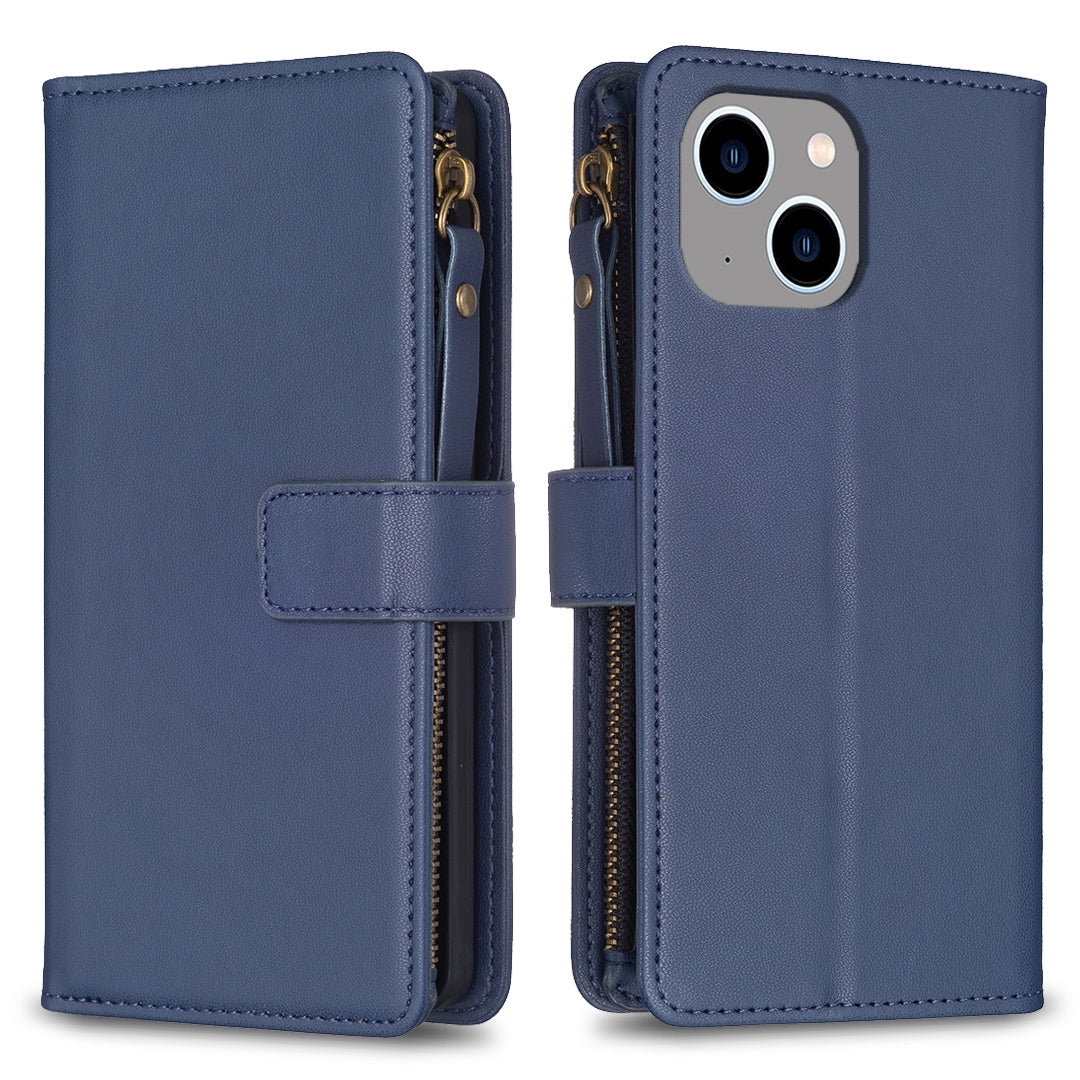 iPhone 13 Leather Flip Phone Case with Zipper Wallet and 9 Card Slots, Durable PU + TPU Material