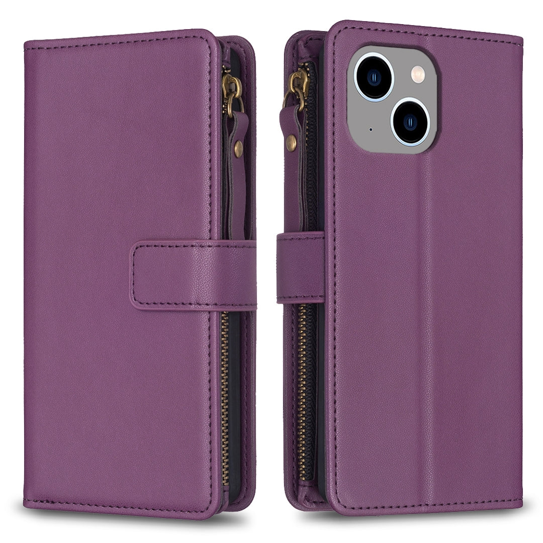 iPhone 13 Leather Flip Phone Case with Zipper Wallet and 9 Card Slots, Durable PU + TPU Material