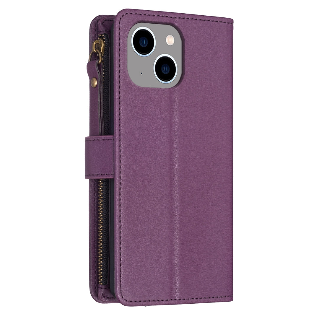 iPhone 13 Leather Flip Phone Case with Zipper Wallet and 9 Card Slots, Durable PU + TPU Material